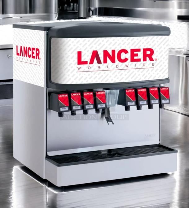 Lancer 4500 ice beverage dispenser, 8-valve, countertop model, top-notch condition, fully tested, 115V, Lancer Worldwide branding.