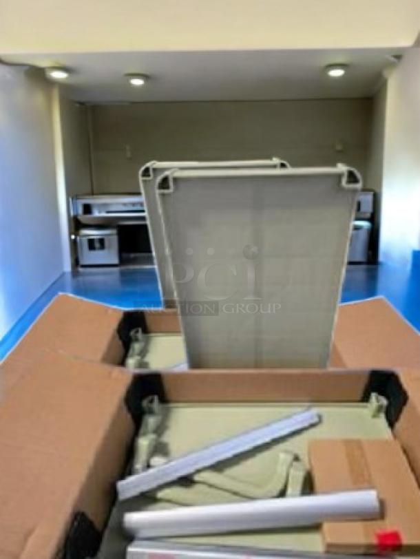 Brand New Choice Large Utility Bus Cart in box, gray, 2-shelf, heavy-duty, easy assembly, includes parts and instructions.