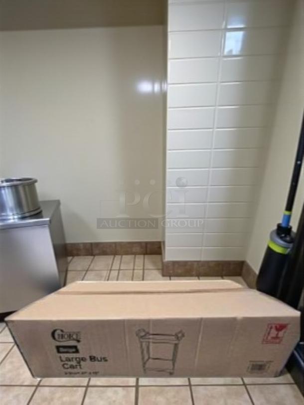 Brand new Choice Large Utility Bus Cart in box, gray, 2-shelf, heavy-duty, easy assembly, model details visible on packaging.