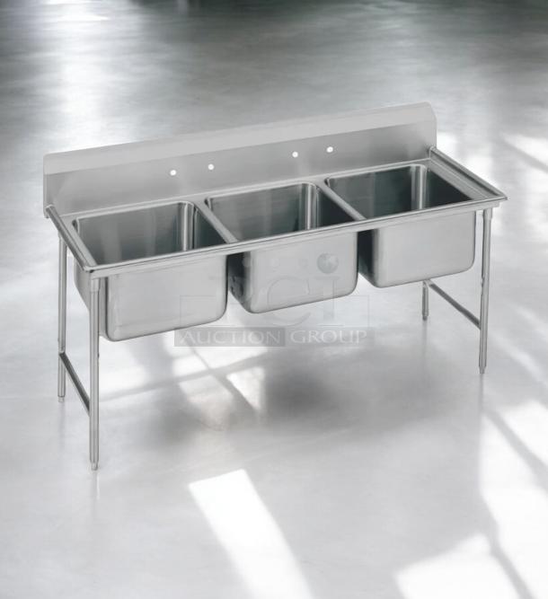 Advance Tabco T9-3-54 stainless steel, 3-compartment sink in superb condition, NSF certified, fully tested.
