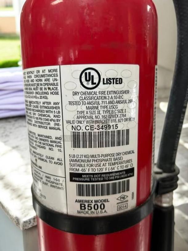 Amerex B500 fire extinguisher, 5 lb ABC dry chemical, fully inspected, red cylinder with UL label, ready for use.