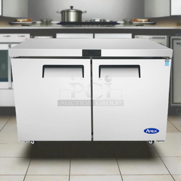 Atosa MGF8402GR 48" undercounter refrigerator, stainless steel, dual doors, tested, and working, in excellent condition.