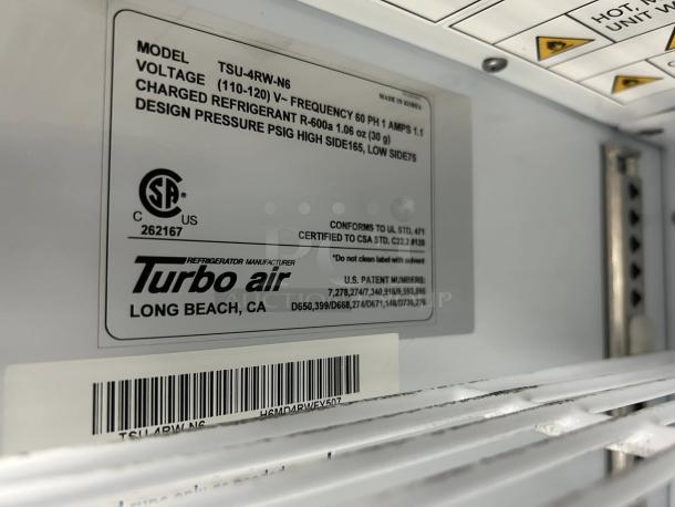 Turbo Air TSU-4RW-N6 Countertop Refrigerator label showing model, voltage, and refrigerant details.