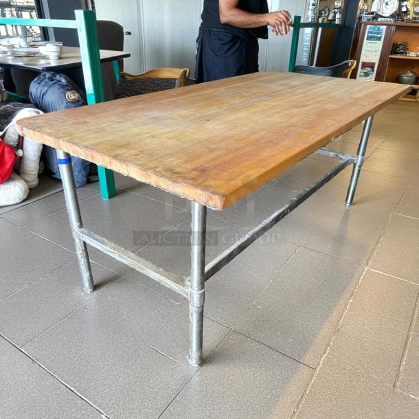 John Boos & Co. HNB17 wood top work table, 36" x 96", galvanized base, good condition, ideal for kitchens or workshops.