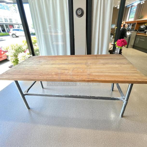 John Boos & Co. HNB17 wood top work table, 36"x96", galvanized base, great condition, ideal for kitchens or workshops.