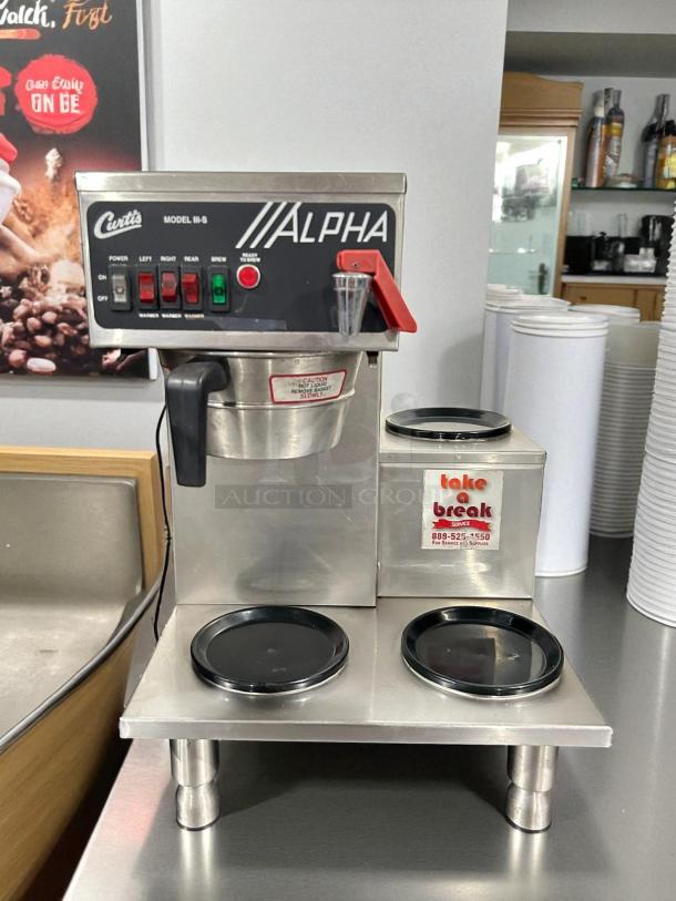Curtis Alpha-III-S commercial coffee brewer, three burners, hot water dispenser, stainless steel, great condition, tested working.
