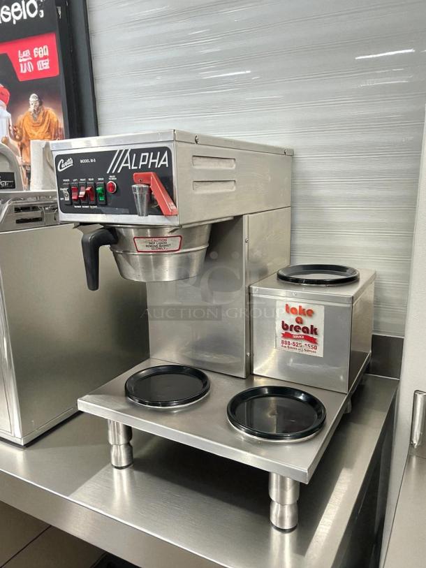 Wilbur Curtis Alpha-III-S coffee brewer with 3 burner pot warmer, hot water dispenser, great condition, tested working.