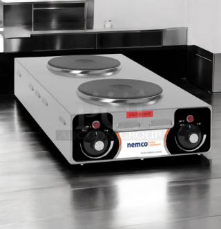 Nemco 6310-2 double solid burner hot plate, 208V/240V, excellent condition, fully tested, "Caution Hot" label.