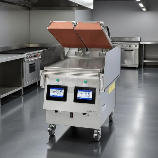 Garland US Range XPG24 X-Press Flat Griddle, gas-operated, stainless steel, on casters, dual control panels, tested and working.