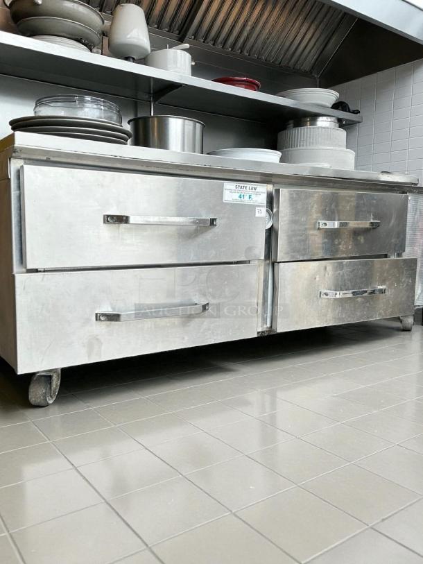 Randell LPRES1L2-82C4 82" refrigerated chef base, excellent condition, 4 drawers, marine edge, self-contained, on wheels.