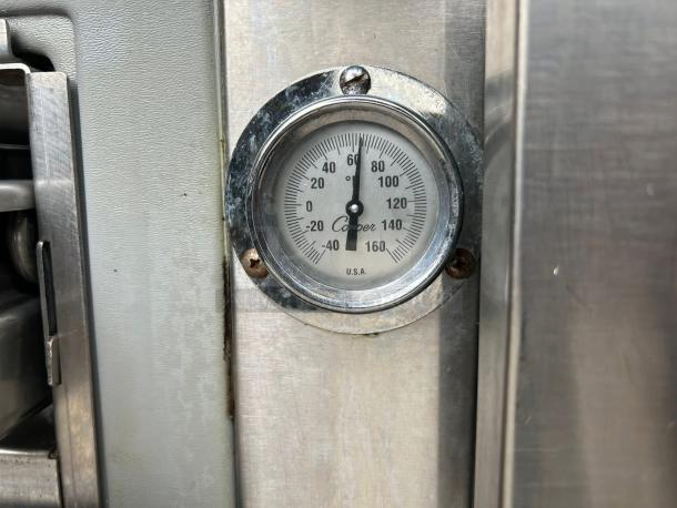 Randell LPRES1L2-82C4 temperature gauge, showing refrigeration levels. Silver finish, marked with "Cooper, U.S.A."