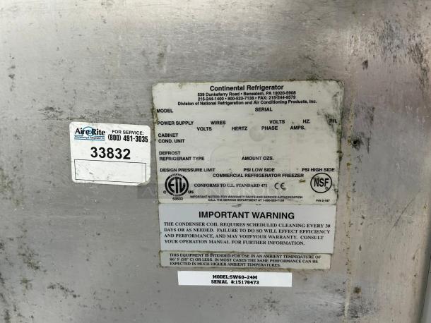Continental SW60N24M 60" 2-Door Refrigerated Prep Table, great condition, tested, NSF certified, label with specs shown.