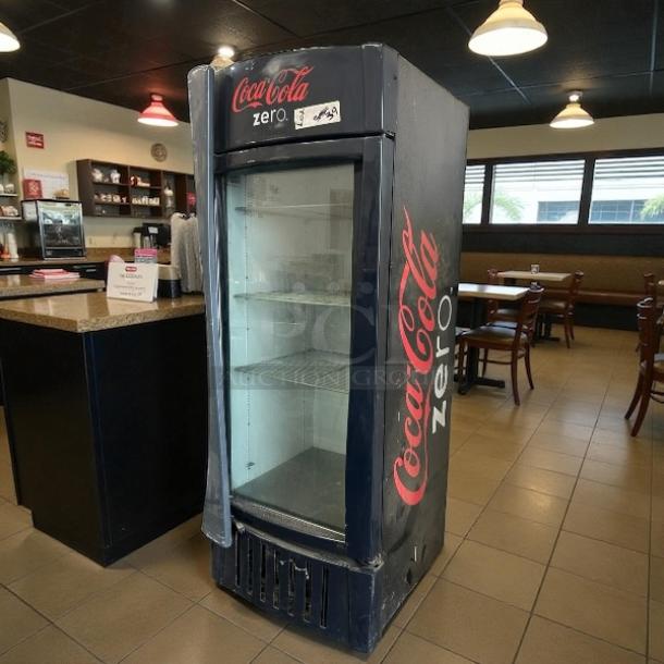 True GDM-26-HC~TSL01 glass door merchandiser, excellent condition, Coca-Cola branding, tested and working, 115v.