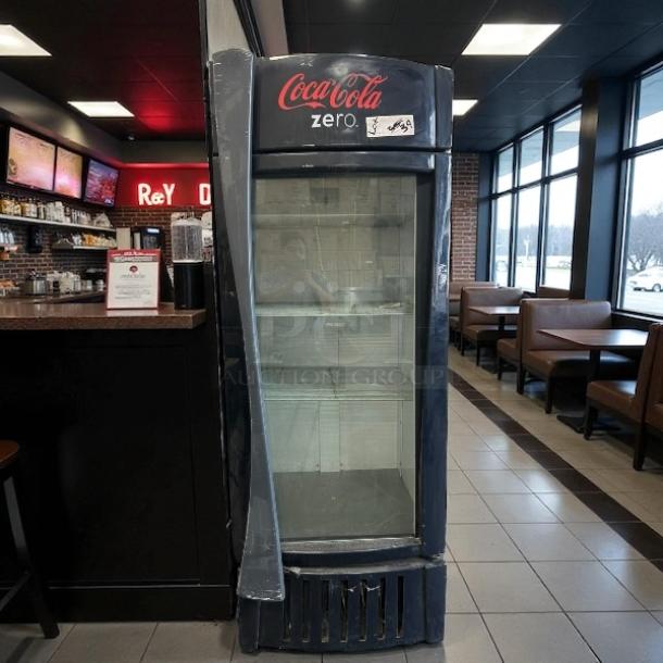 True GDM-26-HC~TSL01 glass door merchandiser, excellent condition, 30", Coca-Cola Zero branding, tested and working.
