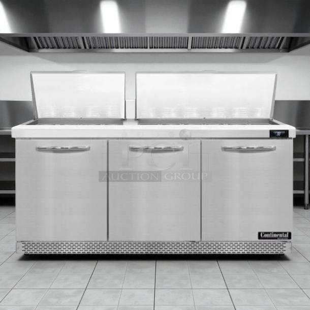Continental Refrigerator SW72N30M-FB 72" 3-door prep table in excellent condition, tested and working.