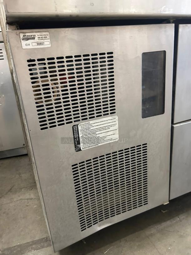 Commercial stainless steel refrigerator side view, with vented panel and visible Ramco Parts & Service ID #90657.