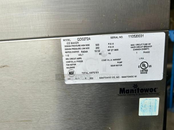Manitowoc QD-0272A ice machine label showing model specs and UL certification. 280 lb production, 100 lb storage.