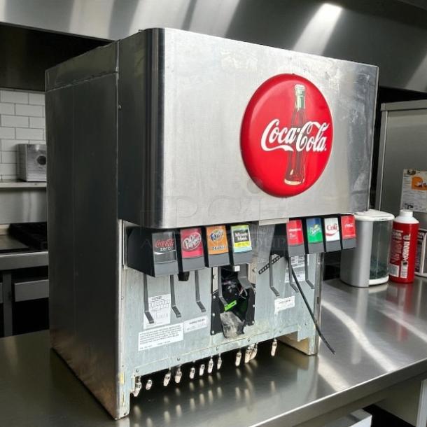 Lancer countertop ice and soft drink dispenser, model 85-4548H-111, 250lb storage, tested, Coca-Cola branding visible.