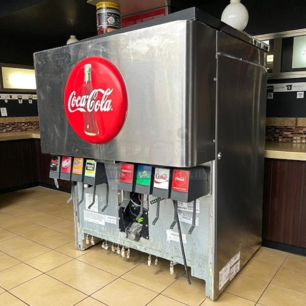 Lancer 85-4548H-111 countertop ice and drink dispenser with 250lb storage, tested and working, Coca-Cola branding.