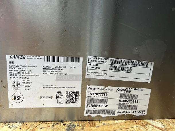Lancer countertop ice and drink dispenser, model 85-4548H-111. Tested, working, 250lb storage, 115v, part and serial numbers visible.