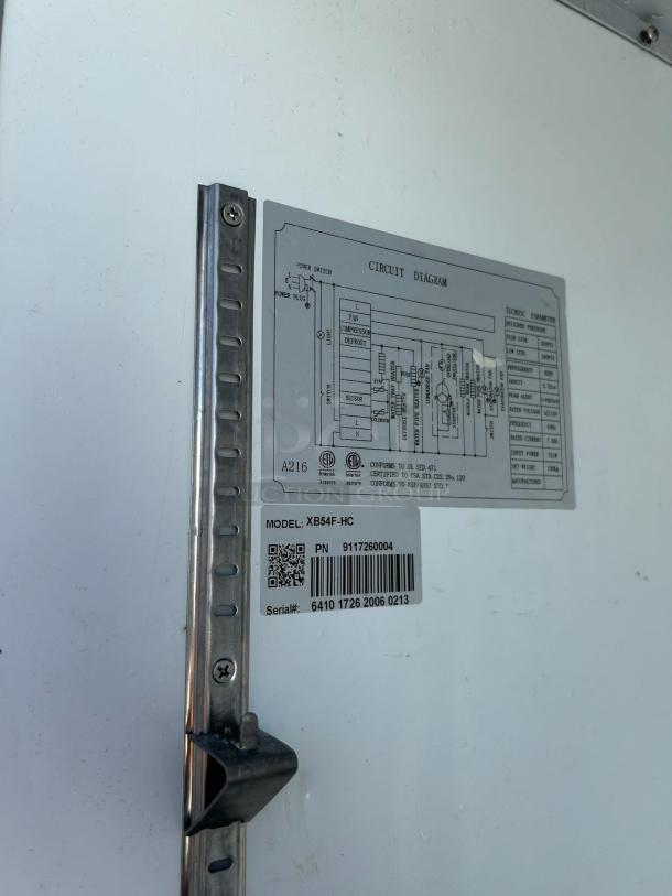 Cooler Depot CBB54F-HC commercial freezer; features auto/cycle defrost, 54 inches. Model tag and circuit diagram visible.