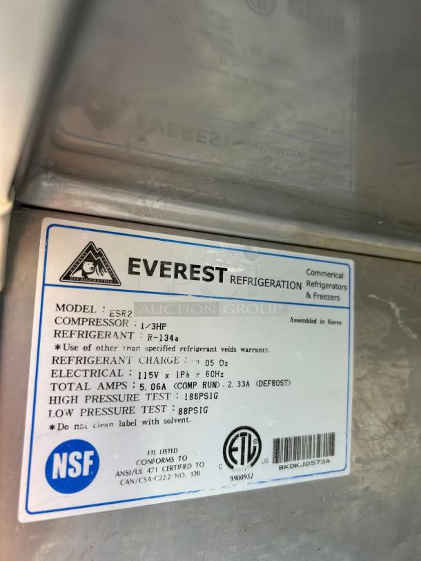 Everest Refrigeration ESR2 label showing specifications: 1/3HP compressor, R-134a refrigerant, 115V, ETL and NSF certified.