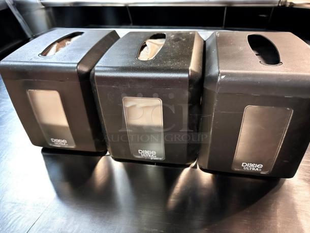 QTY 3 Dixie Ultra countertop napkin dispensers by Georgia-Pacific; compact, black, great condition, tested & working.