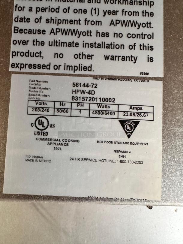 Brand New APW Wyott HFW-4D 4-Well Hot Food Table in original packaging; electric 208/240V, UL listed, made in Mexico.