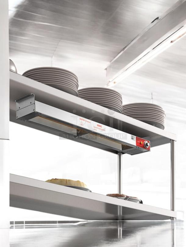 Avantco 177SW36INCPA 36" strip warmer, brand new, infinite controls, 120V/850W, includes cord and plug, mounted in kitchen.