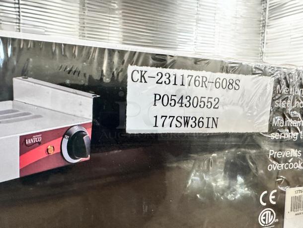 Brand new Avantco 177SW36INCPA 36" strip warmer, infinite controls, 120V/850W. Includes cord & plug. Model label visible.