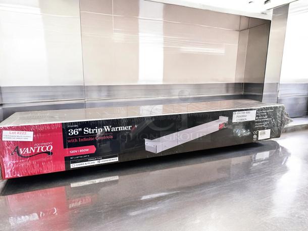 Brand new Avantco 177SW36INCPA 36" strip warmer, infinite controls, 120V/850W, includes cord and plug, in original packaging.