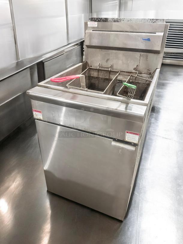 Adcraft GF-150/NG gas fryer, 150,000 BTU, excellent condition, natural gas, includes baskets, fully tested, commercial kitchen setting.