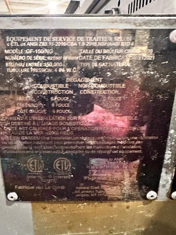 Admiral Craft GF-150/NG gas fryer label, showing model, 150,000 BTU, natural gas usage, fully tested and working condition.