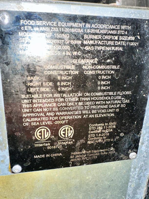 Admiral Craft GF-150/NG Gas Fryer label, 150,000 BTU, natural gas, model details with safety and compliance info visible.