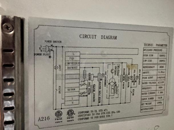 Circuit diagram for CoolTech A216 Commercial Double Door Reach-In Refrigerator, showing electrical components and technical specifications.