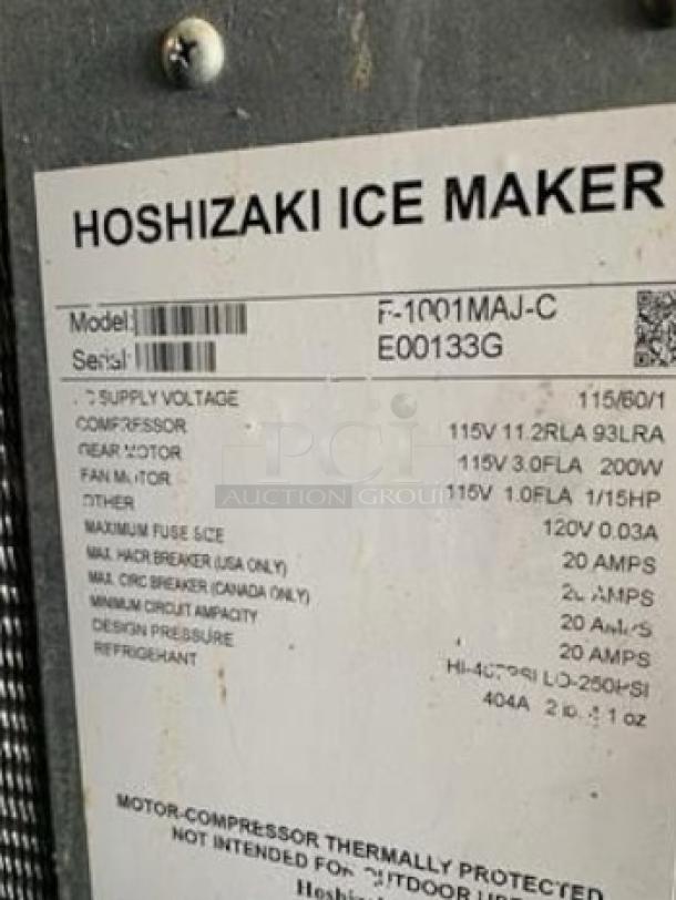 Close-up of label on Hoshizaki F-1001MAJ-C flake ice maker, showing model, serial number, and electrical specifications.