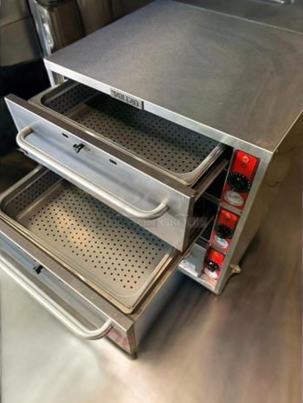 Vulcan VW3S three-drawer warming cabinet, stainless steel, outstanding condition, fully tested, 120V, visible brand logo.