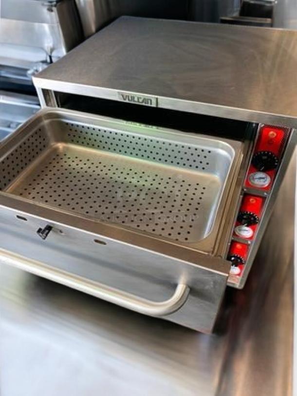 Vulcan VW3S warming cabinet, excellent condition, features three drawers, 120V, fully tested and operational, visible controls.