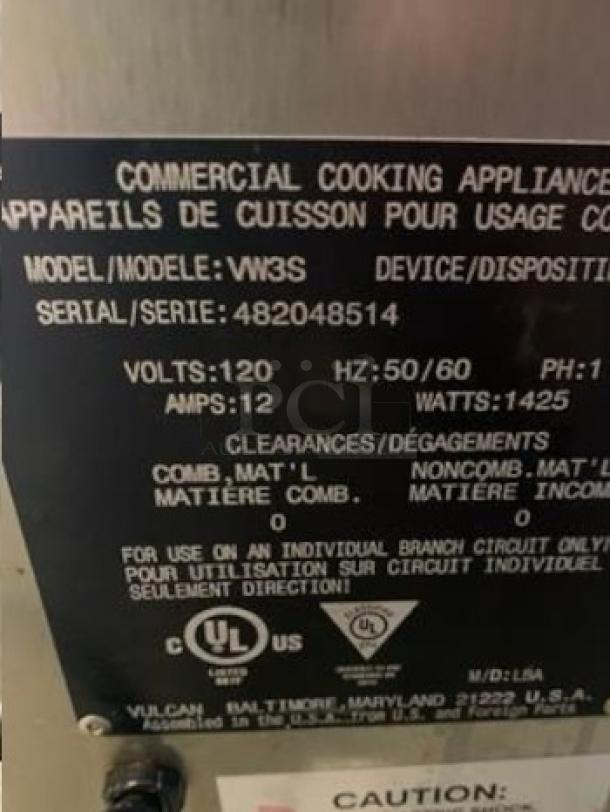 Outstanding Vulcan VW3S three-drawer warming cabinet, 120V, 1425 watts, fully tested and working, excellent condition.