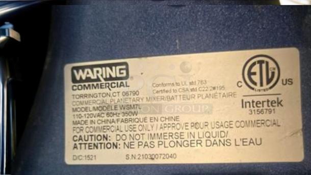 Waring Commercial Luna WSM7L Planetary Mixer label, showing model details, voltage, and safety instructions.