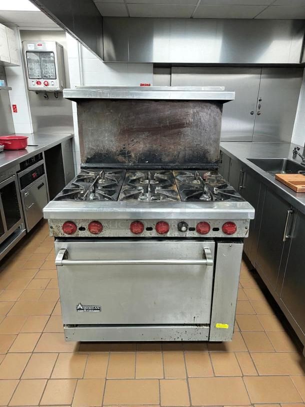 American Range AR-6 36" commercial gas range with 6 burners and standard oven, tested and working, in great condition.