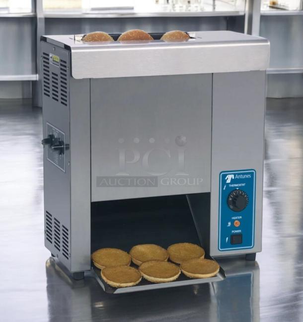 A.J. Antunes & Co. VCT-1000CV Vertical Contact Toaster, superb condition, 208–240V, fully tested. Features thermostat and power controls.