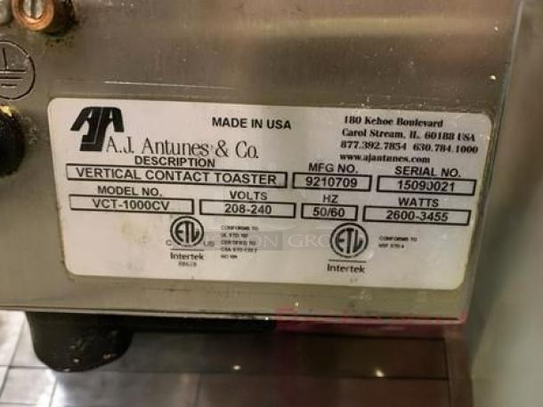 Antunes VCT-1000CV Vertical Contact Toaster label, superb condition, 208-240V, fully tested, model and serial numbers visible.