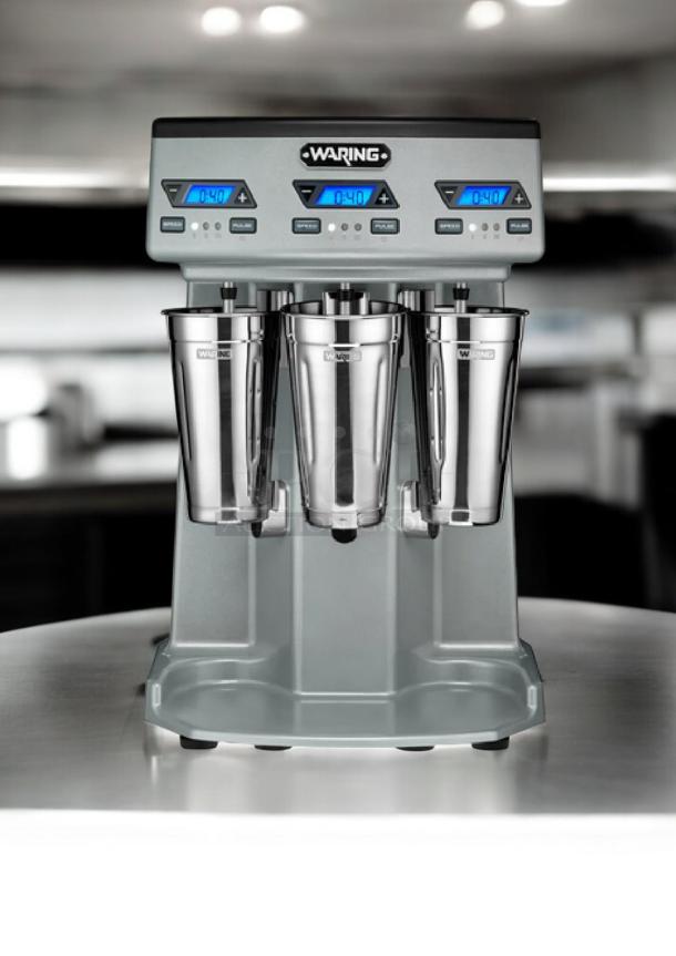 Waring WDM300TX triple spindle drink mixer, superb condition, 120V, fully tested, stainless steel cups, digital display.