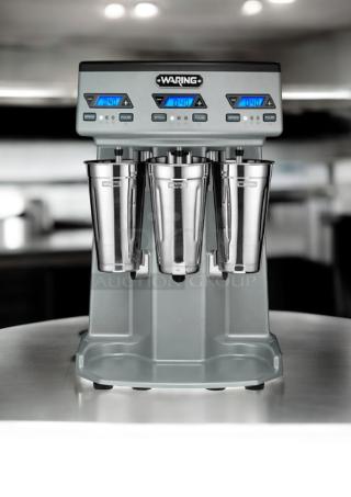 Waring WDM300TX triple spindle drink mixer, superb condition, 120V, fully tested, stainless steel cups, digital display.