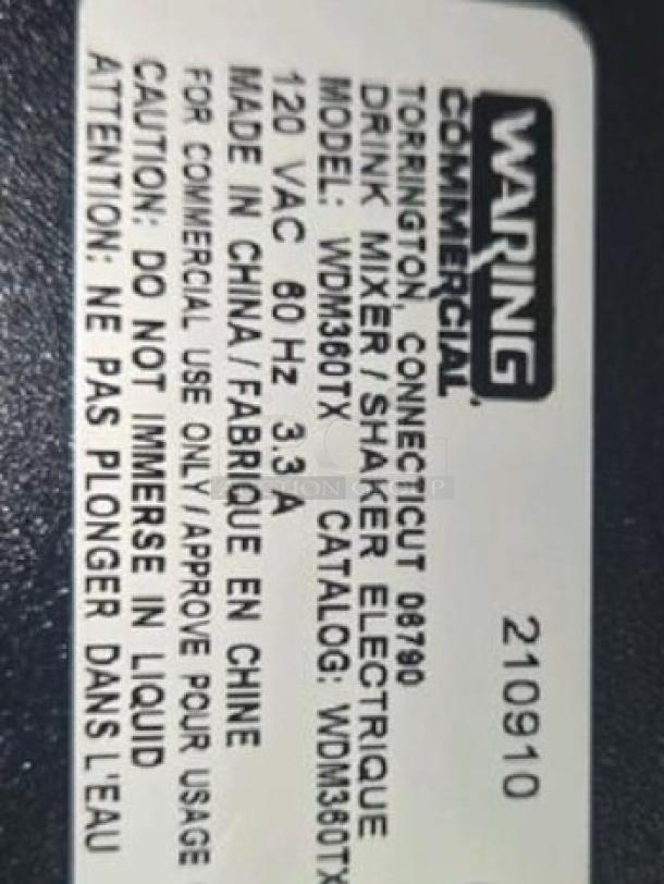 Label on Waring WDM300TX drink mixer indicating model, 120V, commercial use, made in China; superb condition.