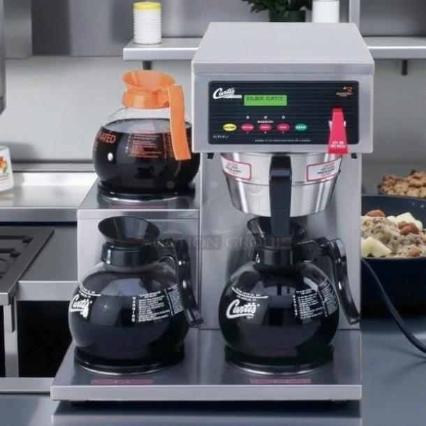 Curtis ALPHAIII-SP-10 coffee brewer, 12-cup capacity, 3 lower warmers on left, tested, working, great condition, 120/220V.