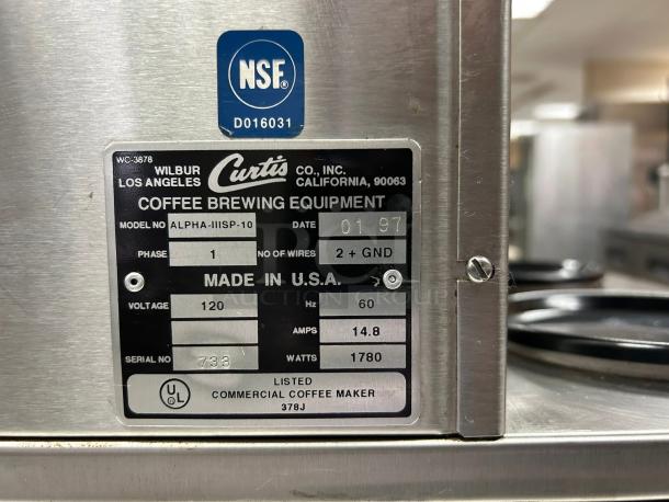 Curtis ALPHAIII-SP-10 coffee brewer, 12 cup, 3 lower warmers, 120/220V, NSF certified, great condition, tested working.