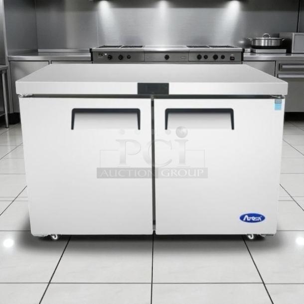 Atosa MGF8402 48-inch undercounter refrigerator in excellent condition, two-door, stainless steel, tested and working.