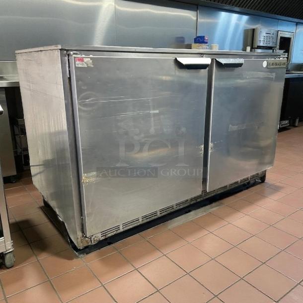 Beverage Air UCR48AHC 48" two-section undercounter refrigerator. Stainless steel, great condition, visible model label.